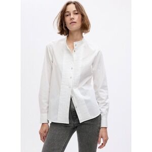 Gap Womens White Cotton Pintuck Ruffle Neck Tuxedo Button Down Poplin Shirt XL